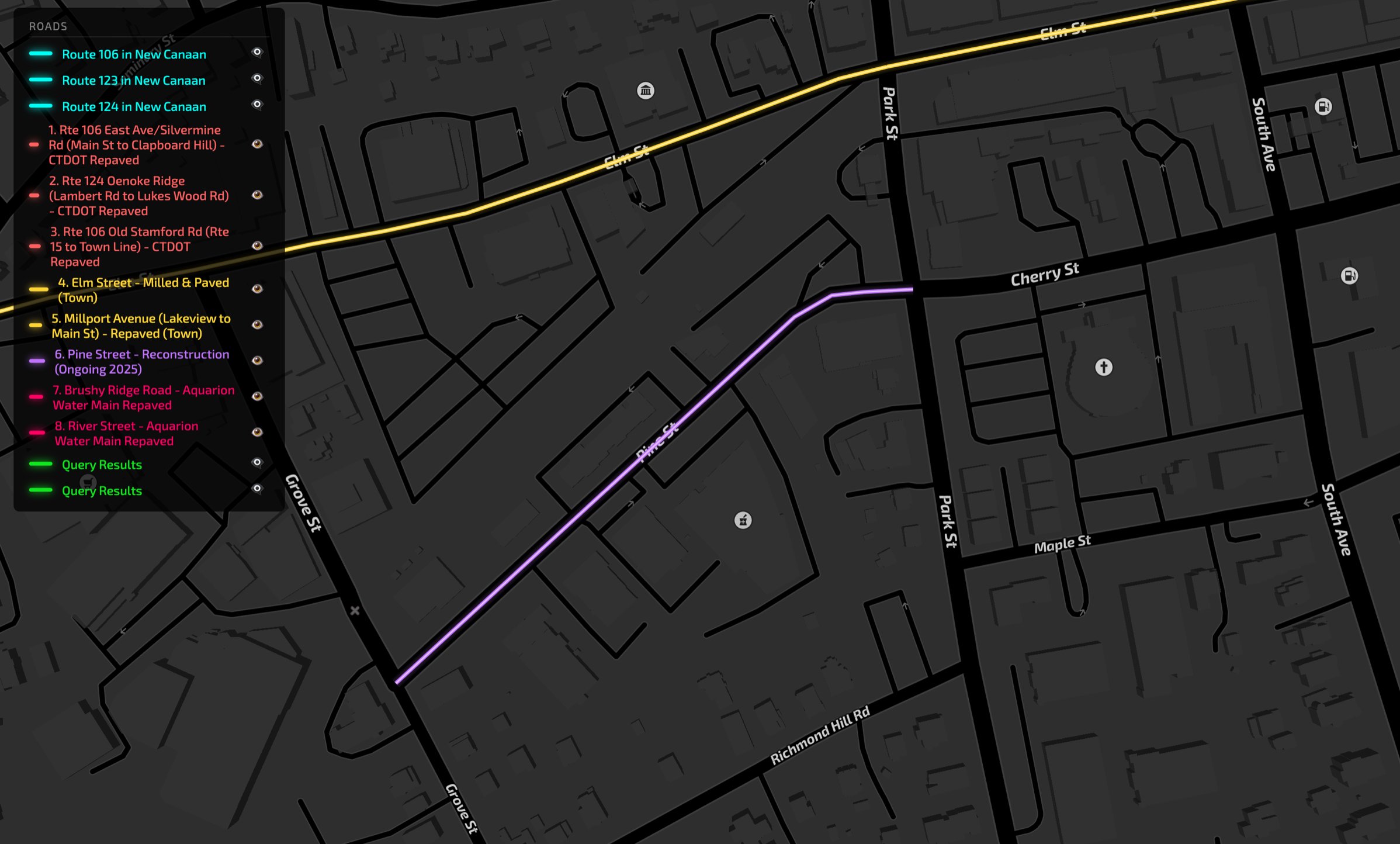 Downtown New Canaan showing Elm Street, Pine Street, and local projects