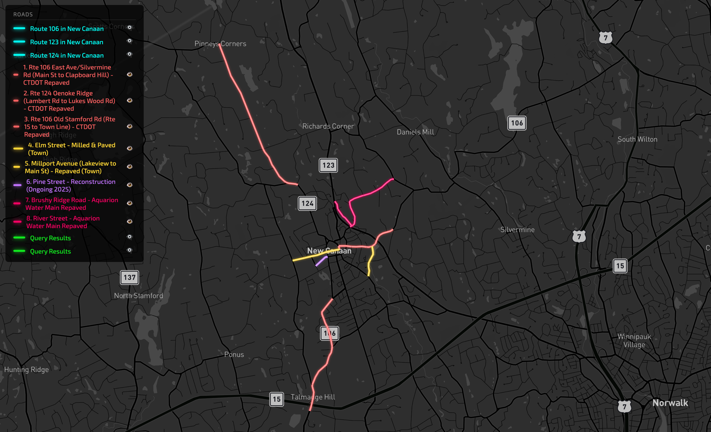 New Canaan overview showing all 8 matched repaving projects